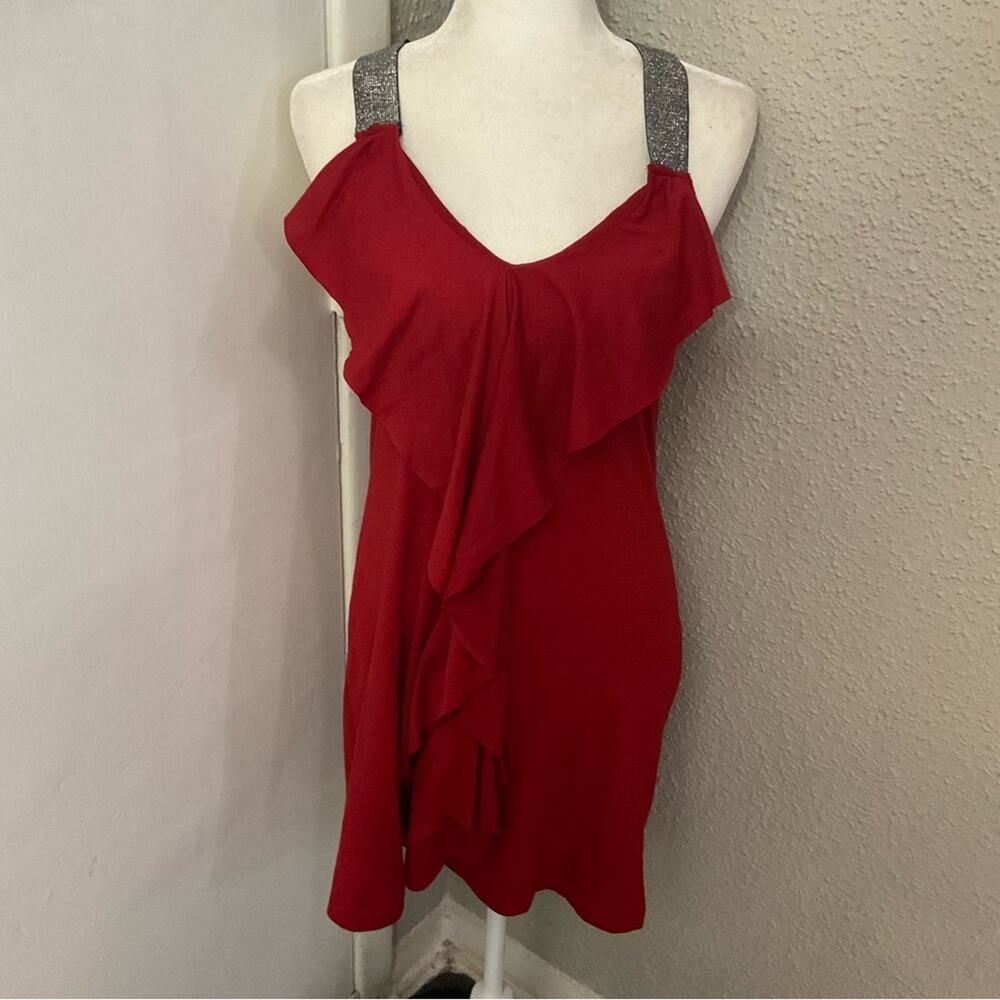 Esther Sleeveless Ruffled Racerback Mini Dress L Red/Silver Coquette Girl Urban